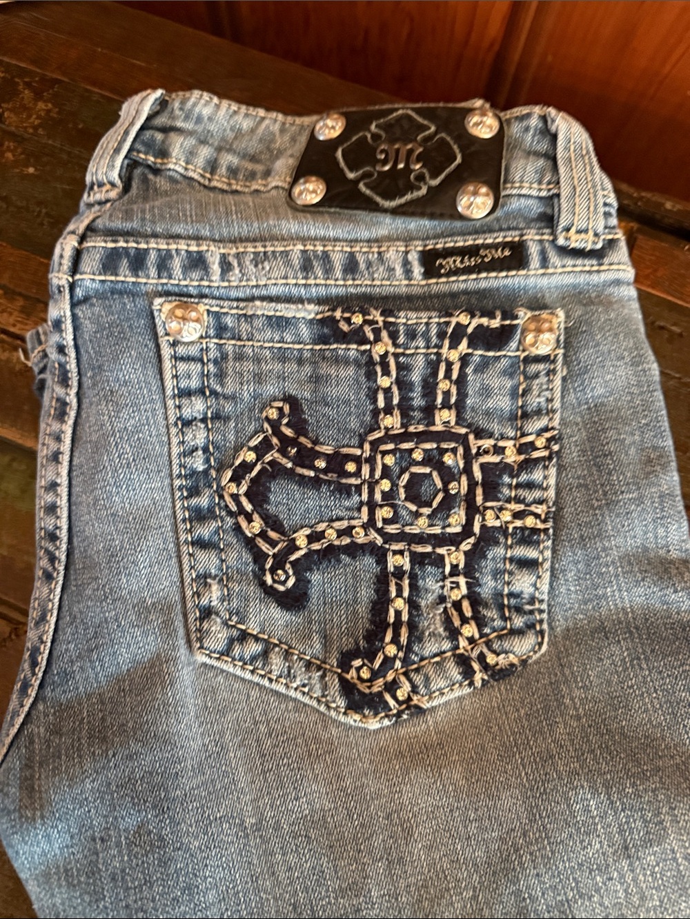 Miss Me Embroidered Light Blue Boot Cut Jeans with Decorative Back Pocket